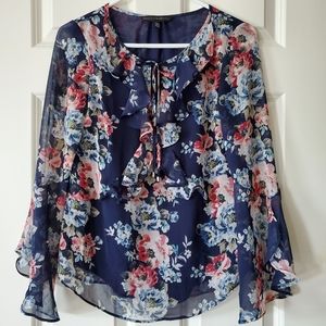 White House Black Market Sheer Navy Floral Blouse Size 0